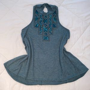 Hollister XS Teal Embroidered Sequined Flowy Mock Neck